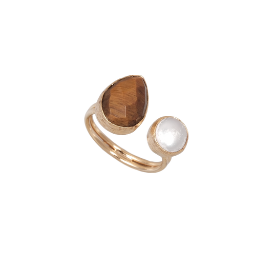 Doğal Taş İncili Damla İkili Yüzük - 10x15mm - 1