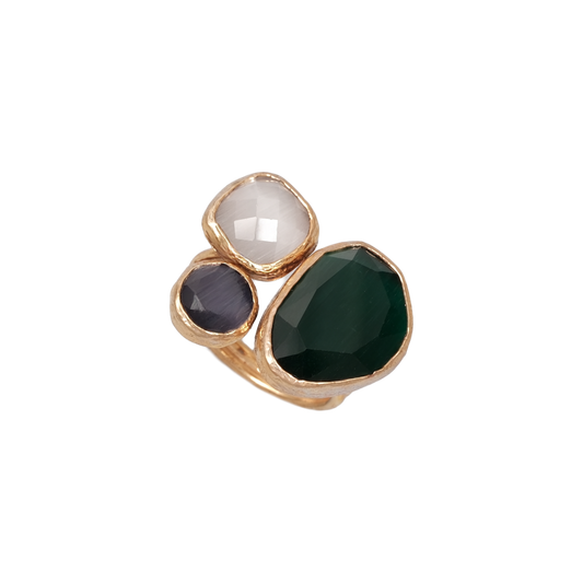 Kedi Gözü Fasulye & Kare & Yuvarlak Üçlü Yüzük - 13x18mm - 10x10mm - 8mm