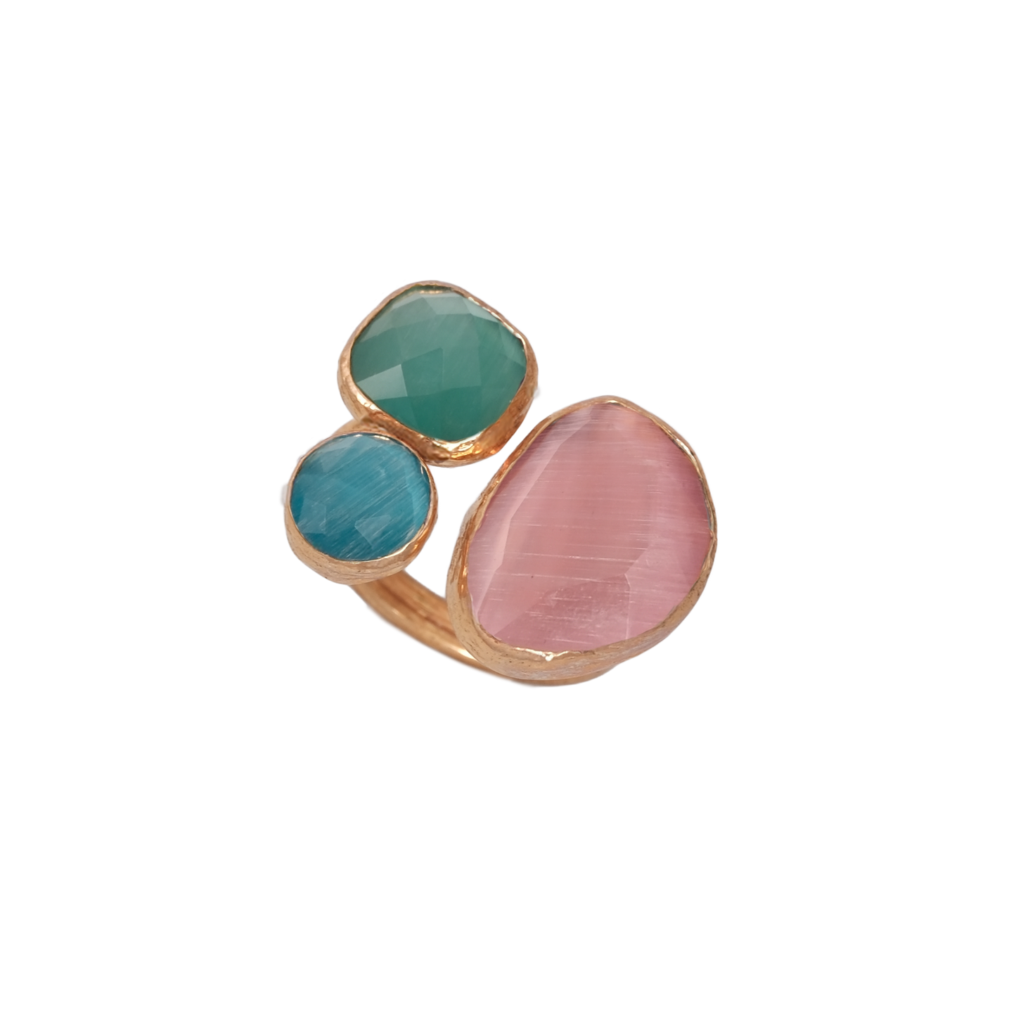 Kedi Gözü Fasulye & Kare & Yuvarlak Üçlü Yüzük - 13x18mm - 10x10mm - 8mm