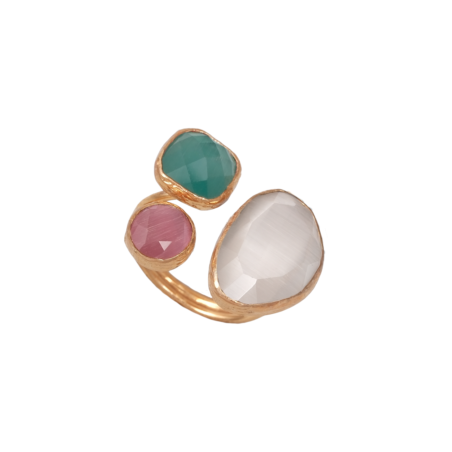 Kedi Gözü Fasulye & Kare & Yuvarlak Üçlü Yüzük - 13x18mm - 10x10mm - 8mm