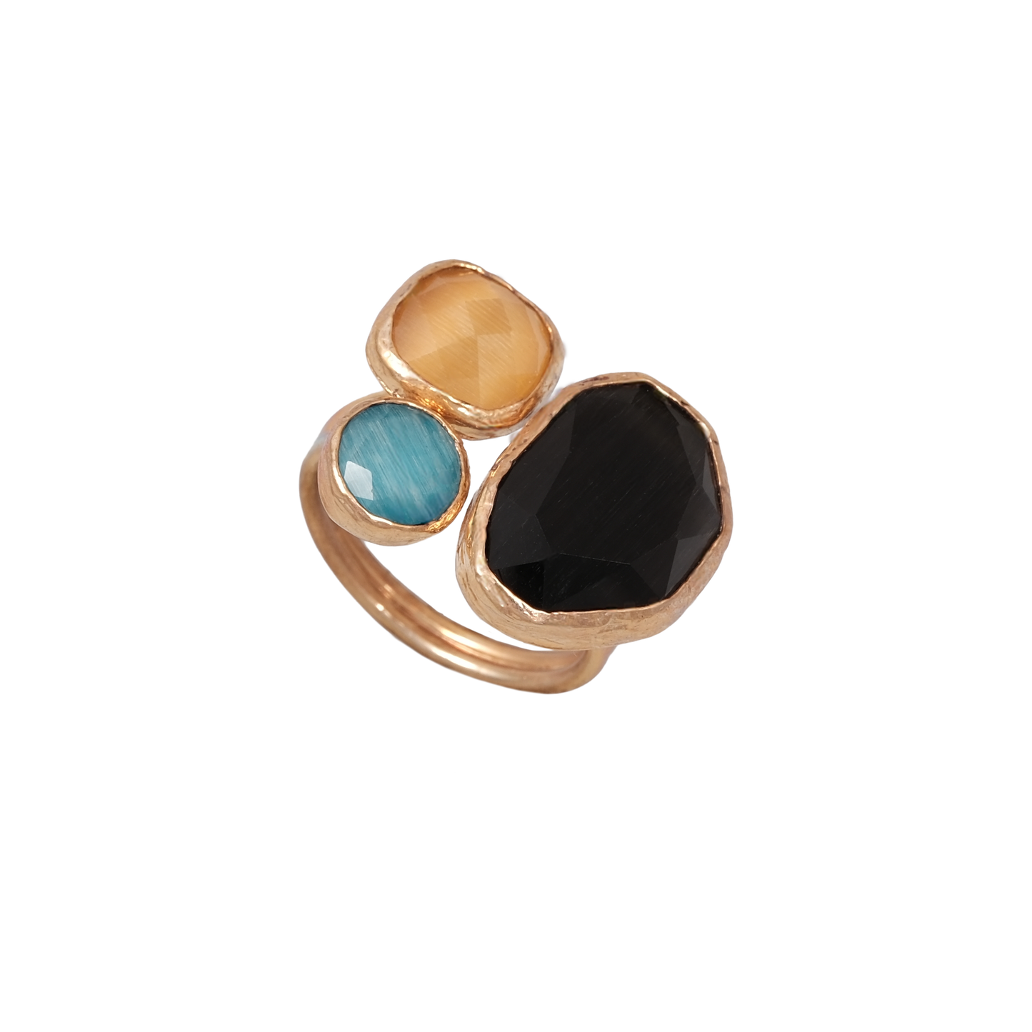 Kedi Gözü Fasulye & Kare & Yuvarlak Üçlü Yüzük - 13x18mm - 10x10mm - 8mm
