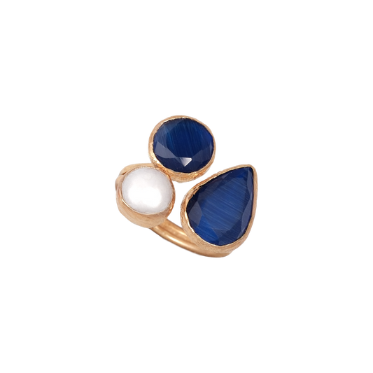 Kedi Gözü İncili Damla & Yuvarlak Üçlü Yüzük - 10x15mm - 10mm