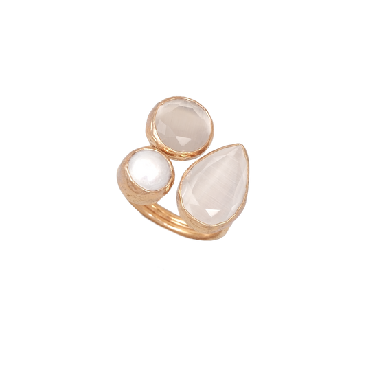 Kedi Gözü İncili Damla & Yuvarlak Üçlü Yüzük - 10x15mm - 10mm