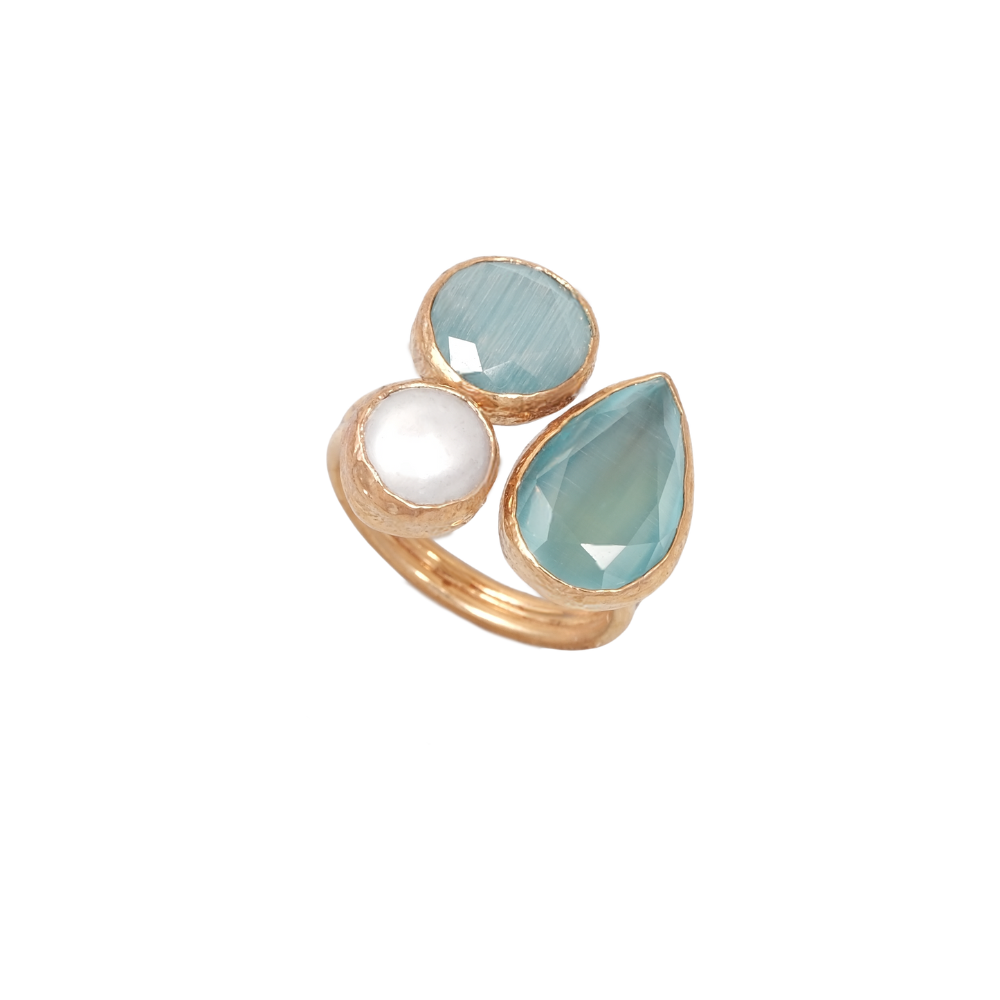 Kedi Gözü İncili Damla & Yuvarlak Üçlü Yüzük - 10x15mm - 10mm