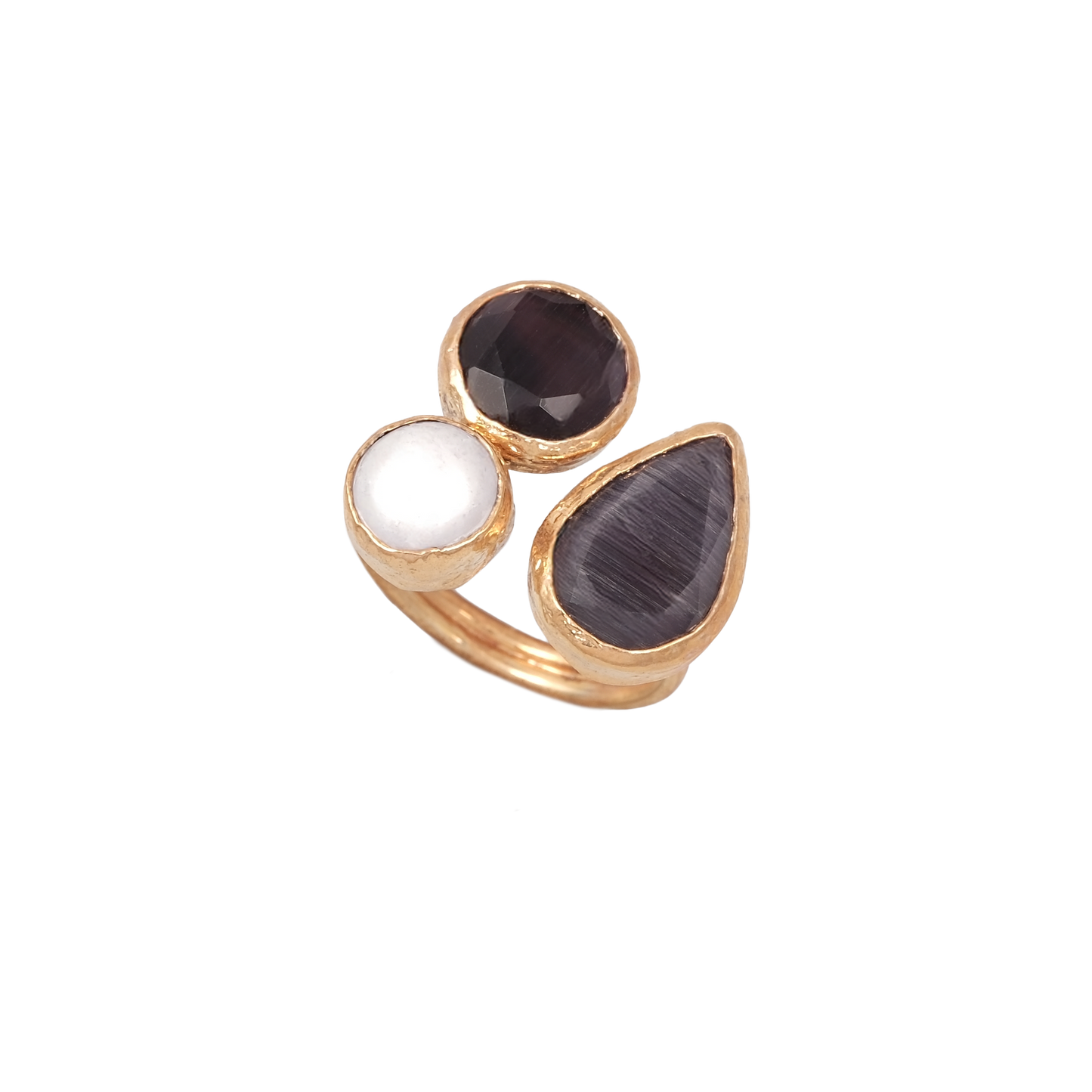 Kedi Gözü İncili Damla & Yuvarlak Üçlü Yüzük - 10x15mm - 10mm