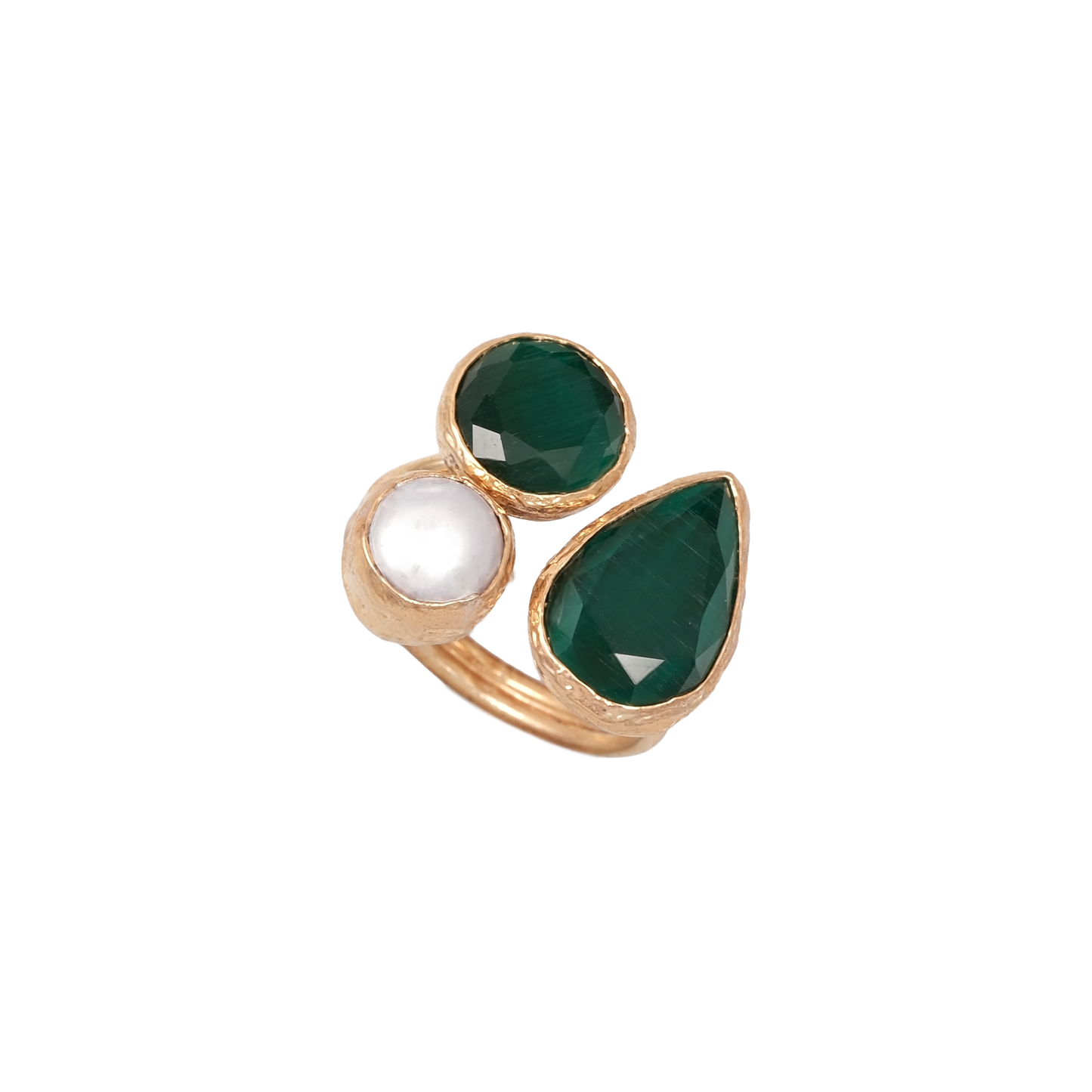 Kedi Gözü İncili Damla & Yuvarlak Üçlü Yüzük - 10x15mm - 10mm