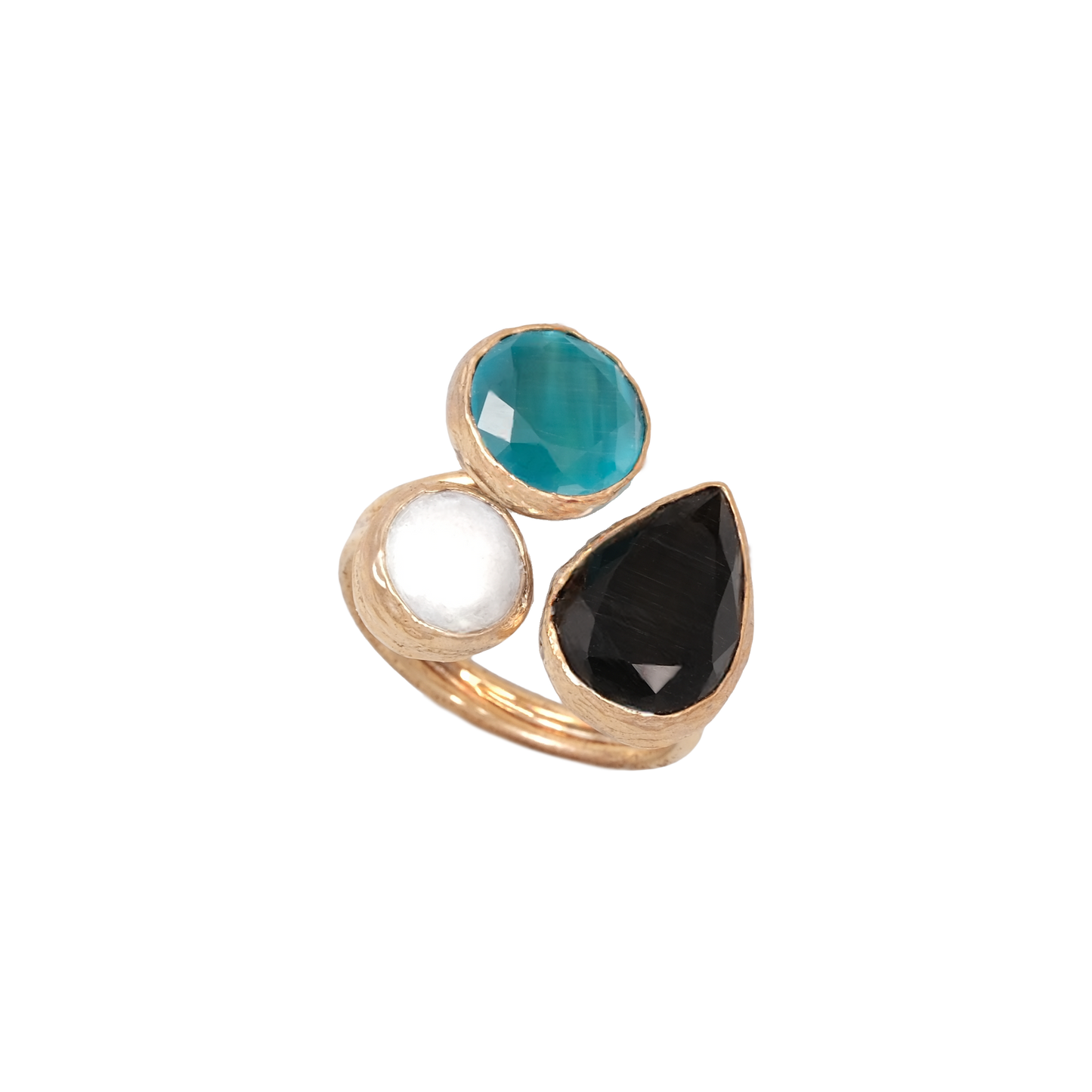 Kedi Gözü İncili Damla & Yuvarlak Üçlü Yüzük - 10x15mm - 10mm