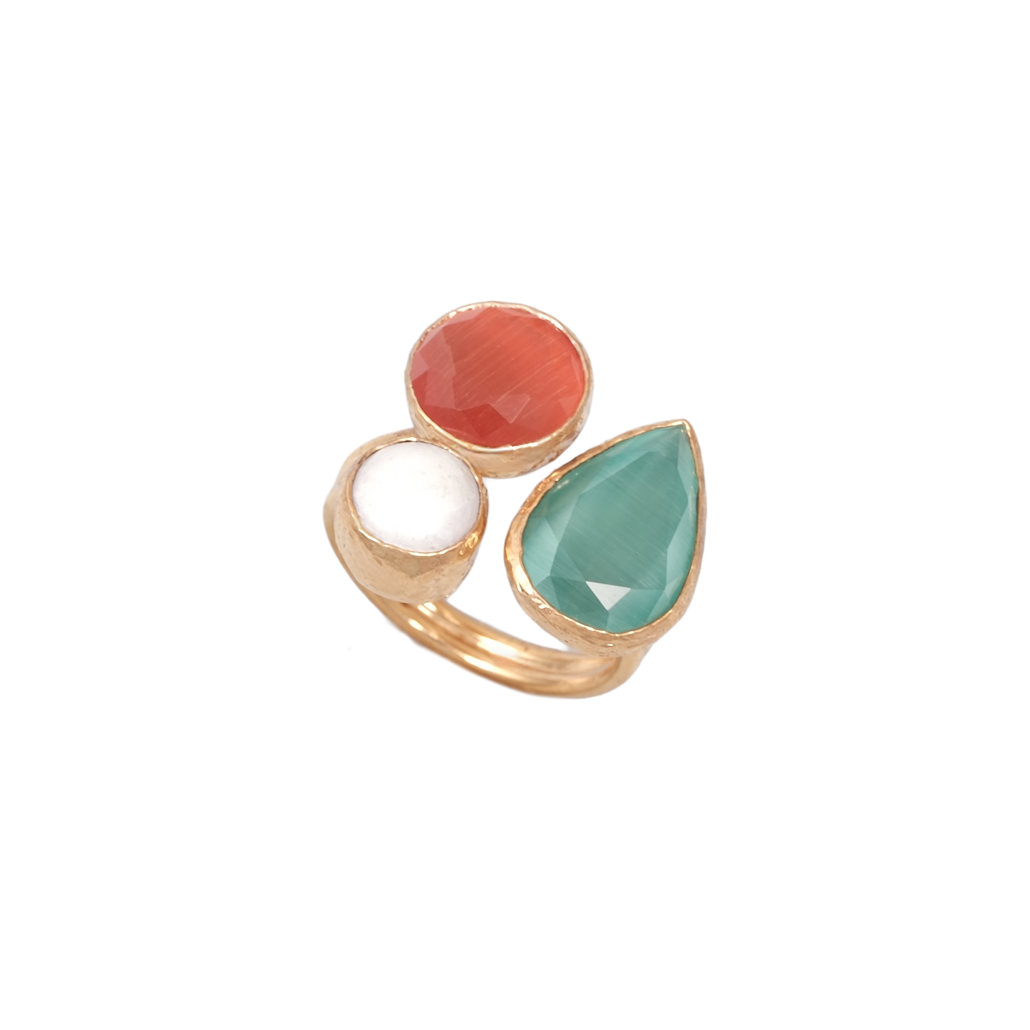 Kedi Gözü İncili Damla & Yuvarlak Üçlü Yüzük - 10x15mm - 10mm