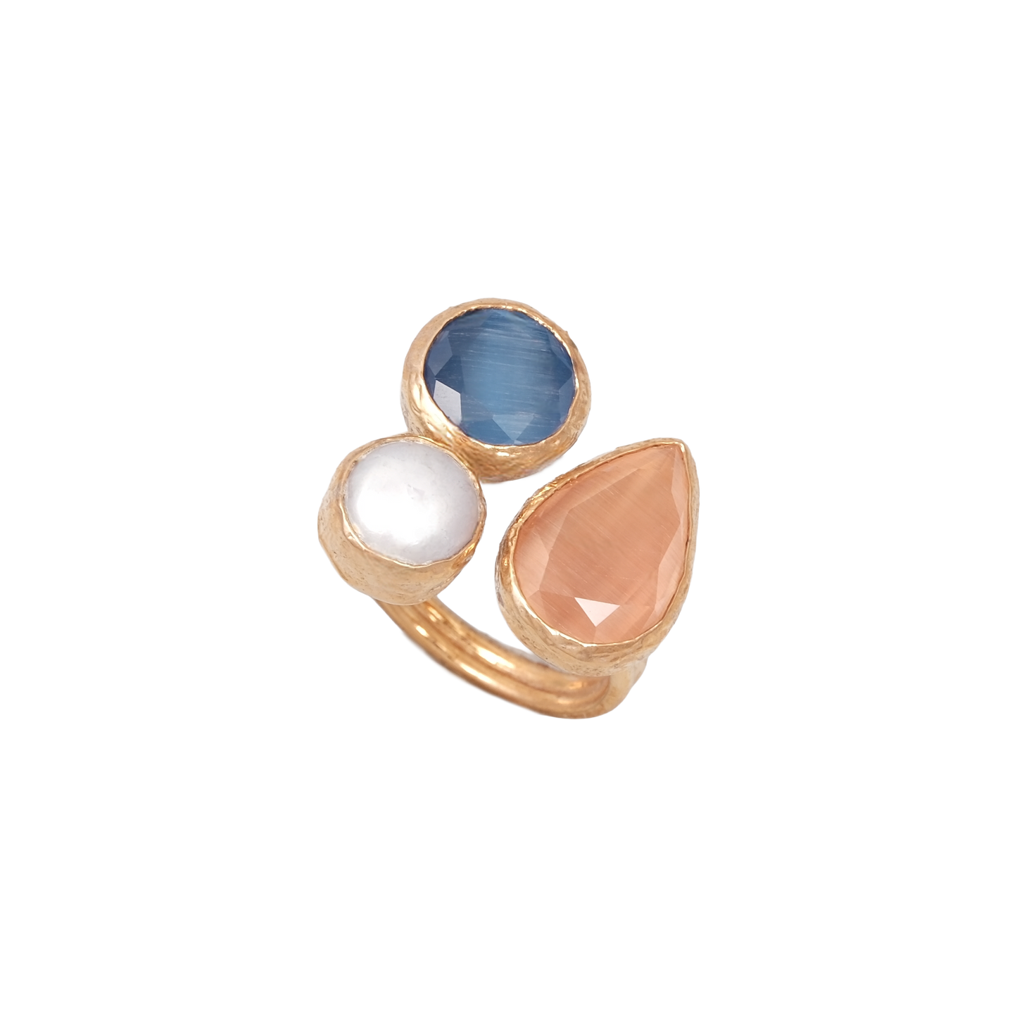 Kedi Gözü İncili Damla & Yuvarlak Üçlü Yüzük - 10x15mm - 10mm