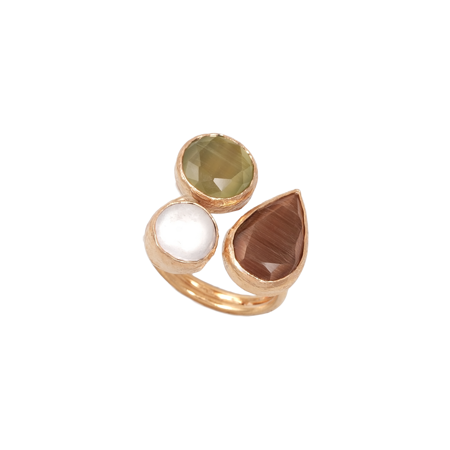Kedi Gözü İncili Damla & Yuvarlak Üçlü Yüzük - 10x15mm - 10mm