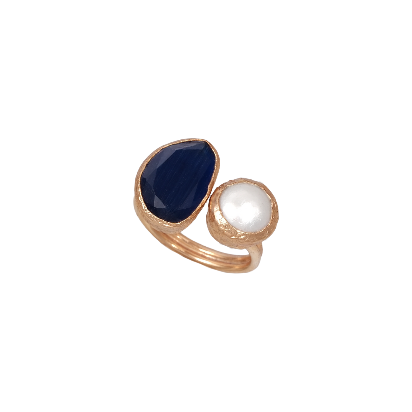 Kedi Gözü İncili Fasulye İkili Yüzük - 10x14mm