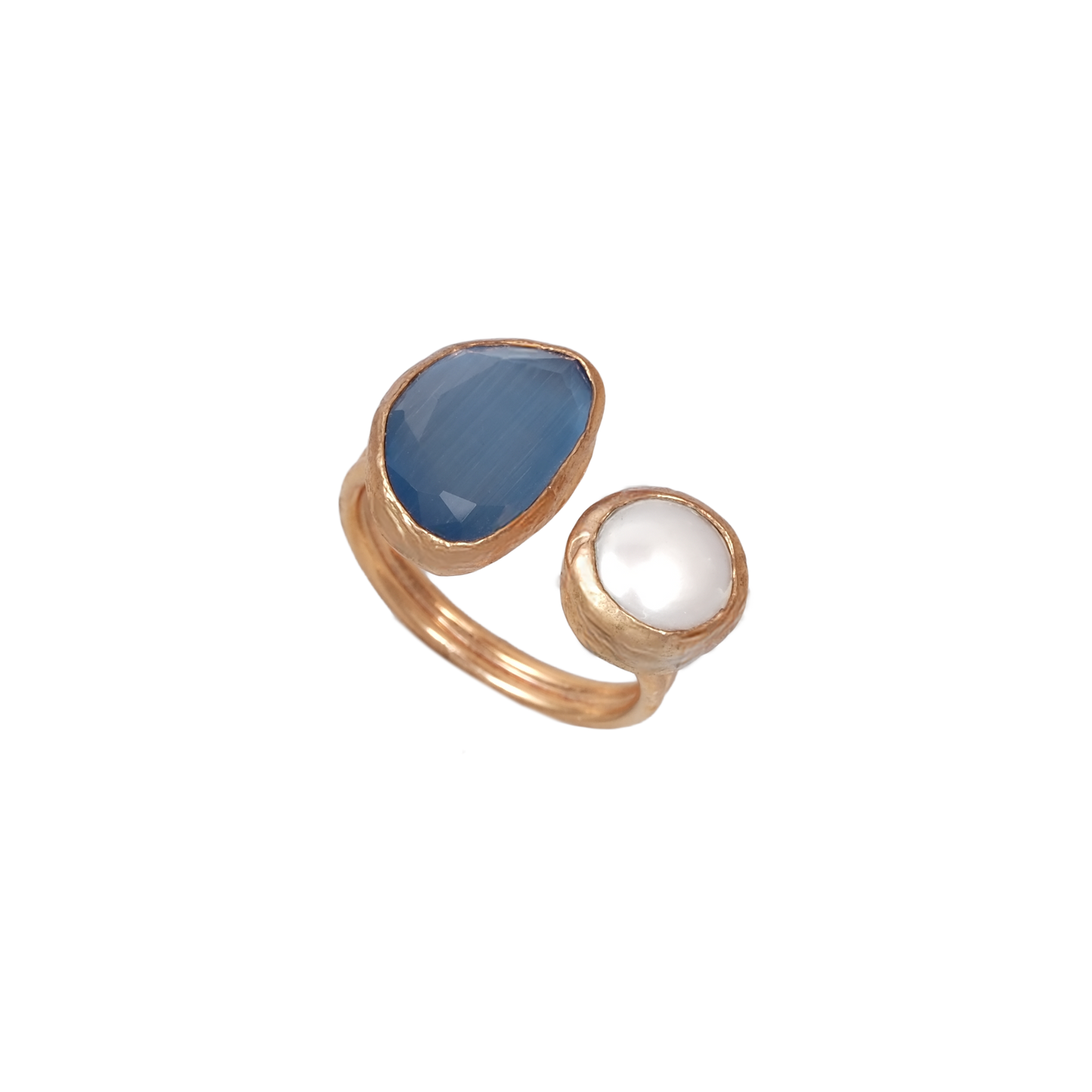 Kedi Gözü İncili Fasulye İkili Yüzük - 10x14mm