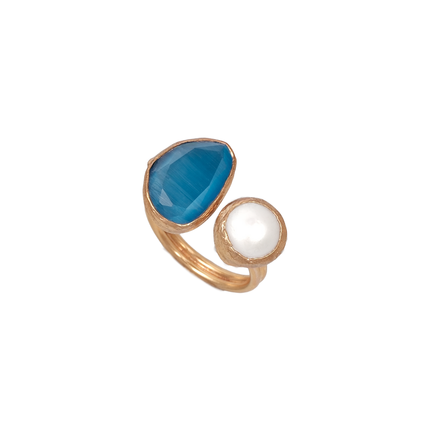 Kedi Gözü İncili Fasulye İkili Yüzük - 10x14mm