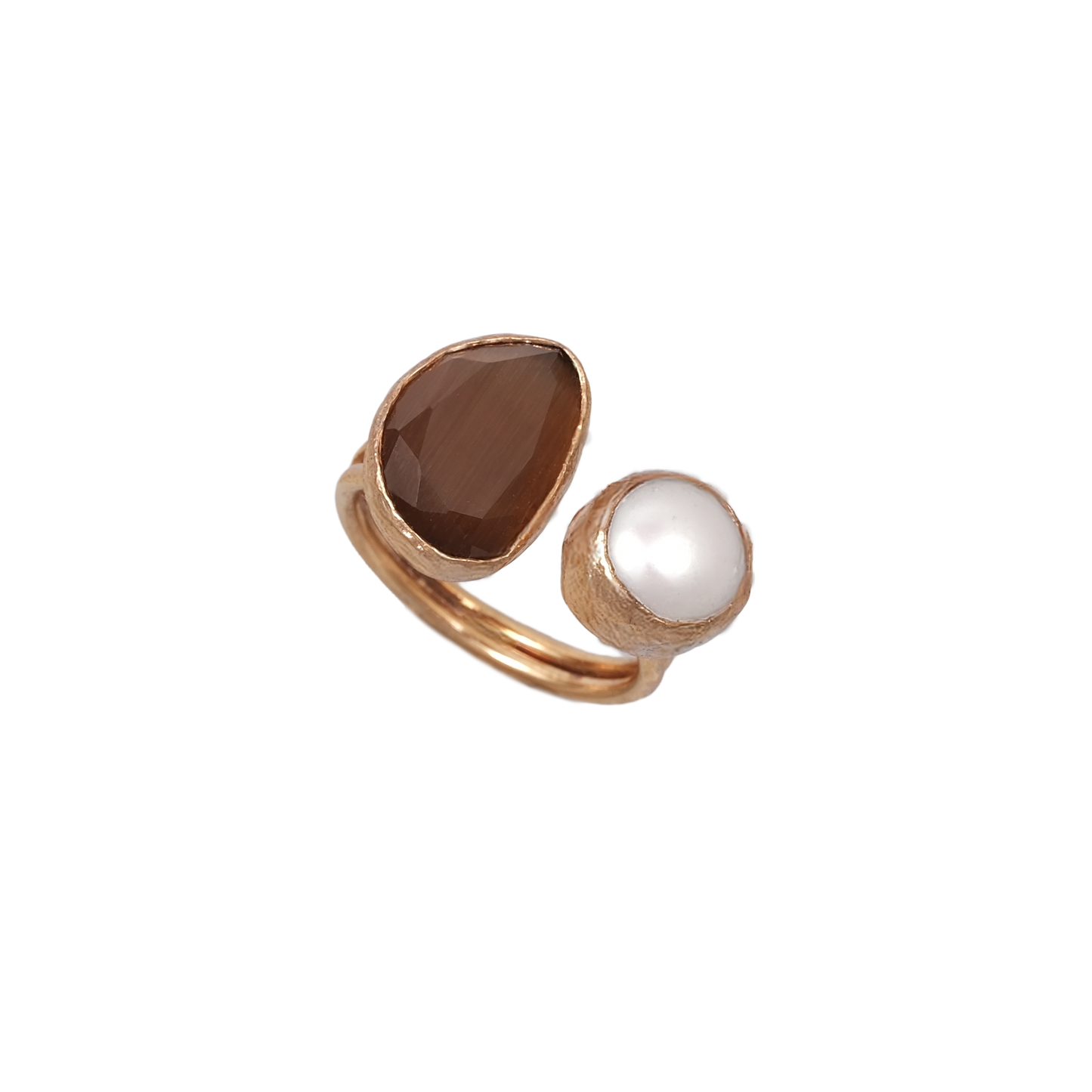 Kedi Gözü İncili Fasulye İkili Yüzük - 10x14mm