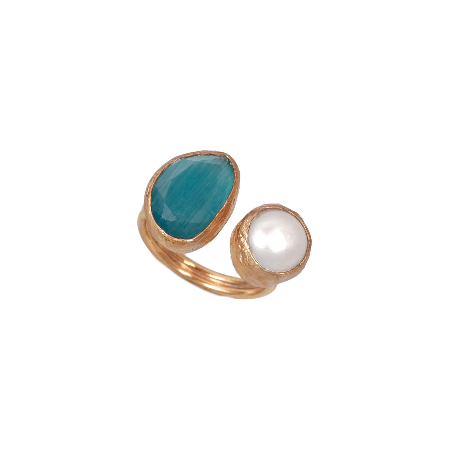 Kedi Gözü İncili Fasulye İkili Yüzük - 10x14mm