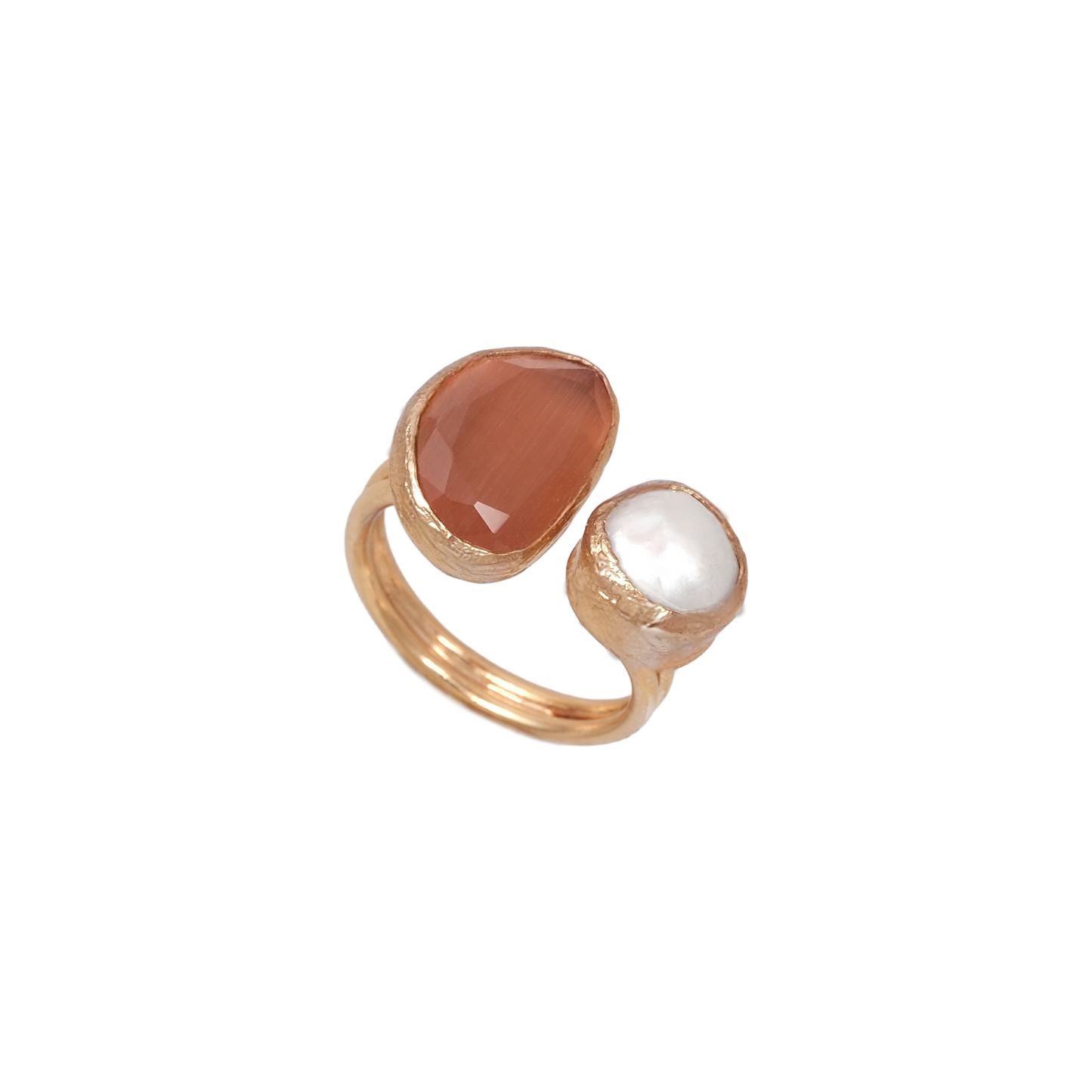 Kedi Gözü İncili Fasulye İkili Yüzük - 10x14mm